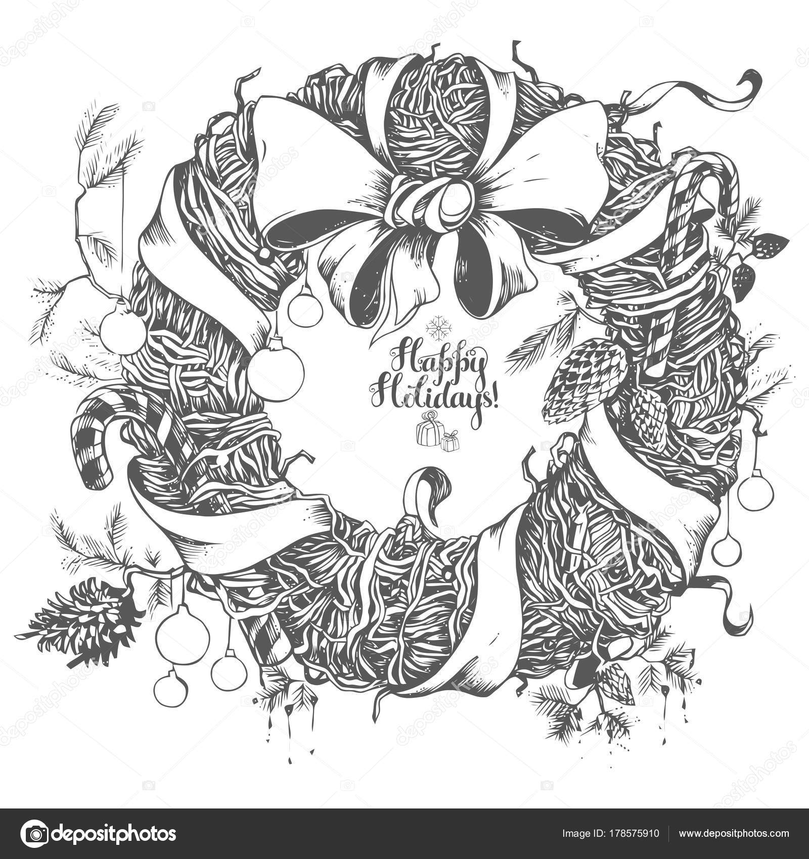 ヴィンテージのクリスマス リースの手描きイラスト クリスマス ツリー バンプ白で隔離ホリデイ アクセサリーと花の要素 ストックベクター  ©Ola-Ola 178575910, image size:1600x1700