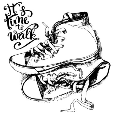 Elle çizilmiş vintage spor ayakkabı beyaz izole ilham verici yazı ile dokulu.