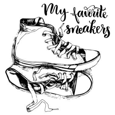 Elle çizilmiş vintage spor ayakkabı beyaz izole ilham verici yazı ile dokulu.