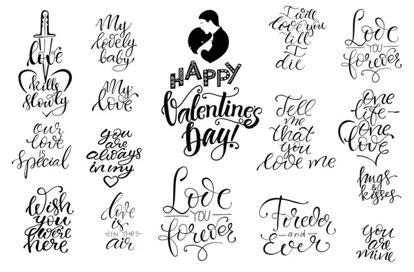 Set of black and white hand written lettering to St. Valentines day. Design for poster, greeting card, banner, calligraphy vector illustration collection