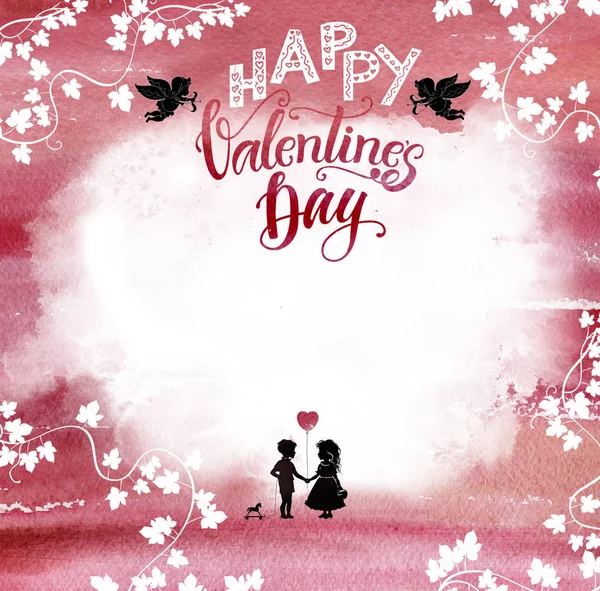 Watercolored Pink Valentine Greeting Card Hand Drawn Lettering Cupid Silhouettes — Stock Photo, Image