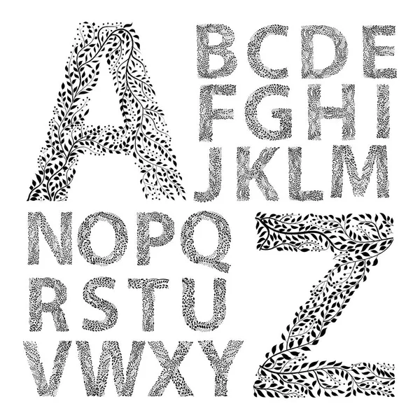 Alphabet Réalisé Avec Des Feuilles Dessinées Main Illustration Vectorielle — Image vectorielle