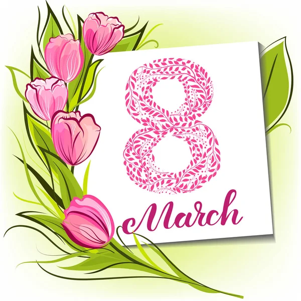 Tarjeta Felicitación Marzo Con Tulipanes Decorativos Letras Modernas — Vector de stock