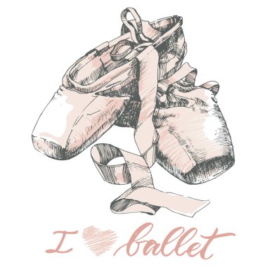 Bale klişeleşmiş bale pointes Ayakkabı ve modern yazı seviyorum çizilmiş çift el