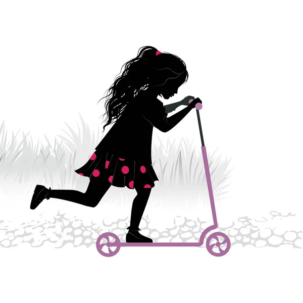 Silhuetten Liten Flicka Kick Scooter Svartvit Illustration — Stock vektor