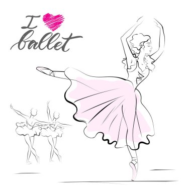 Vektör çizimi siluet genç dansçı ve modern yazı bale seviyorum. Logo, tabela, afiş ve reklam için kullanılabilir