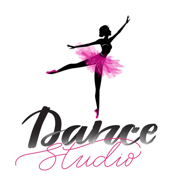 Logo Hand Written Sign Ballet Dance Studio Silhouette Young Dancer — Stock Vector