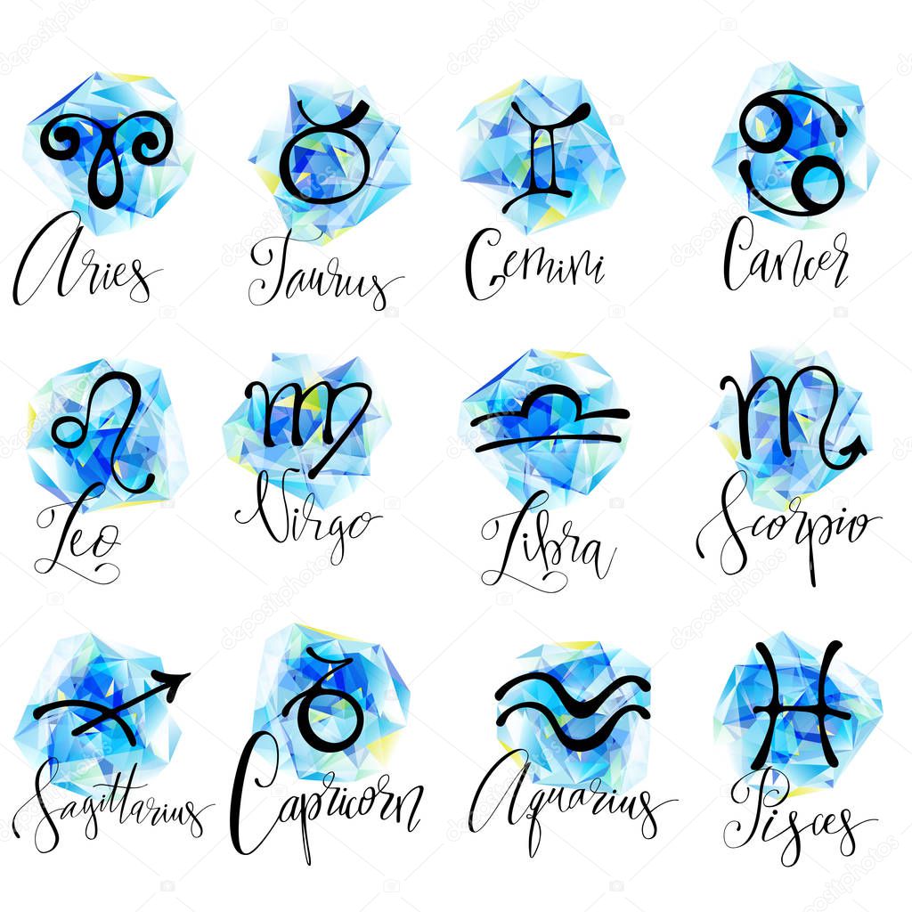 Zodiac signs hand written symbols of astrology. Set of horoscope vectors. Abstract polygonal design.