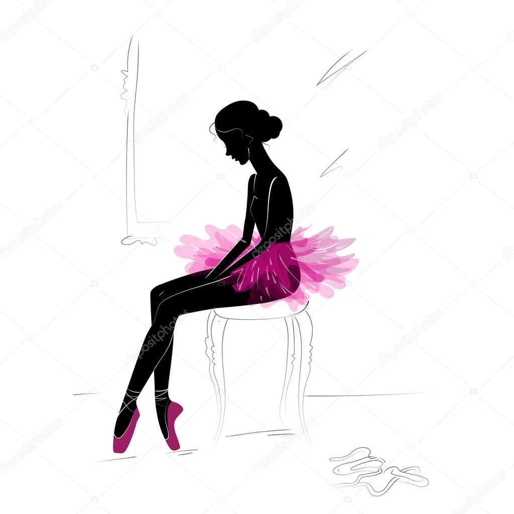 Silhouette of tired young ballerina. Vector illustration, sketch