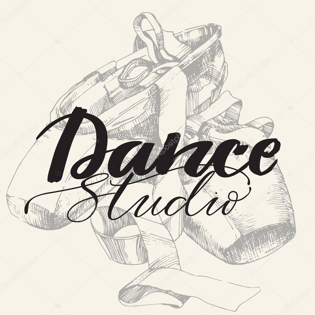 Logo, hand written sign for ballet or dance studio with hand drawn pair of well-worn ballet pointes shoes. Can be used for logo, signage, posters and advertising