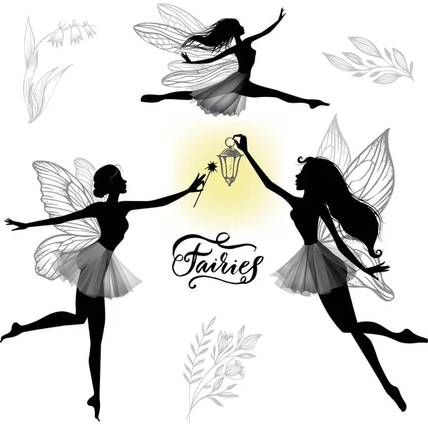 Set of silhouettes figures little beautiful fairies — Stock Vector