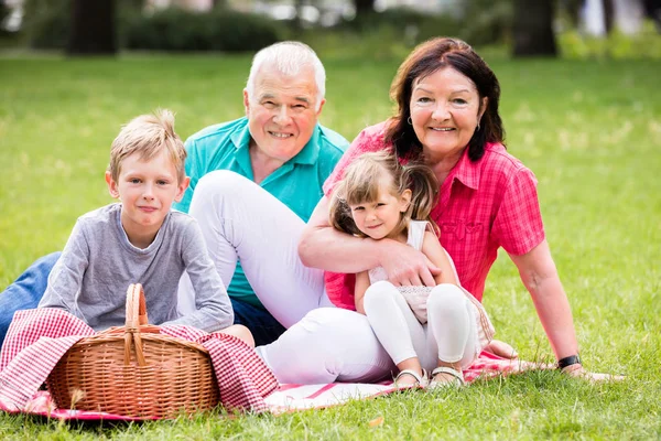 Grootouders en kleinkinderen zitten In Park — Stockfoto