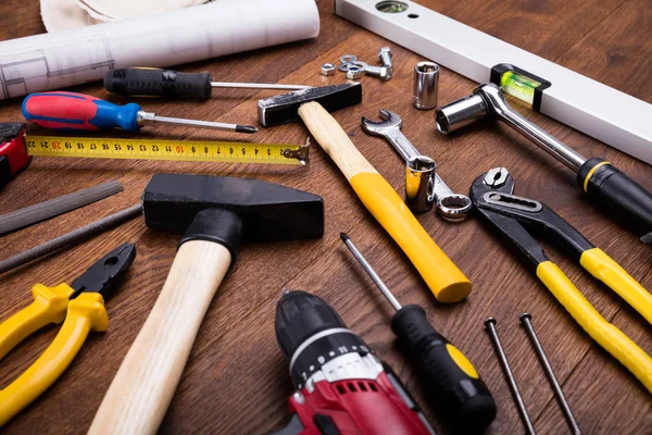 Construction Tools With Blueprint — Stock Photo, Image