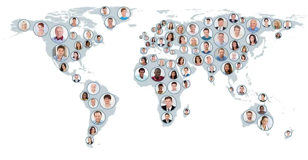 Collage Multiethnic People World Map White Background Global Business Concept — Stock Photo, Image