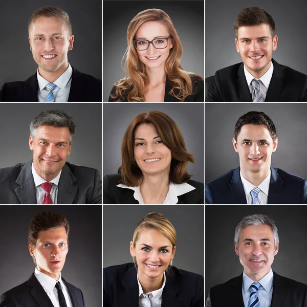 Colaj Oameni Afaceri Zâmbitori Confruntă Portrete Bărbați Femei Fericiți — Fotografie, imagine de stoc