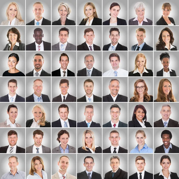 İş adamları gri arka plan üzerinde çok etnik grup gülümseyen bir kolaj