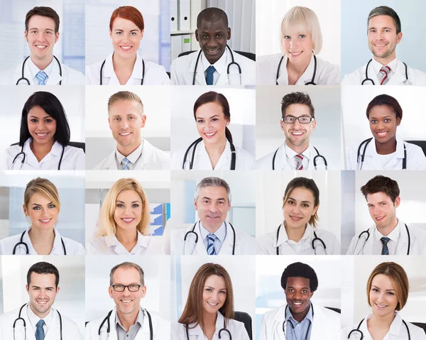 Colagem Grupo Sorrindo Médicos Com Diferentes Multiétnicos — Fotografia de Stock