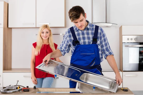 Plumber Fixing Stainless Sink — Stock Photo, Image