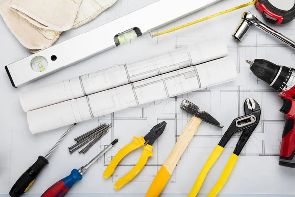 Tools And Equipment On Blueprint — Stock Photo, Image