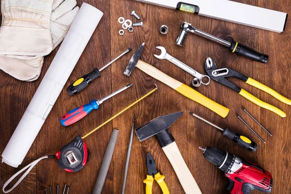 Construction Tools On Desk — Stock Photo, Image