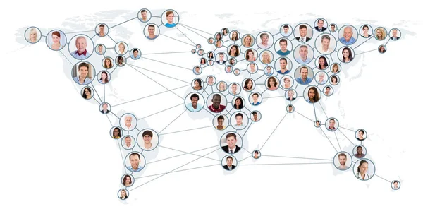 Collage People Network Communication Concept World Map Global Business Concept — Stock Photo, Image