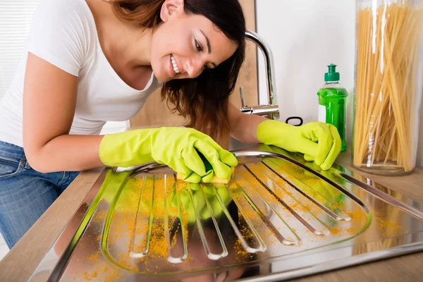 Woman Cleaning Steel Sink — Stock Photo, Image