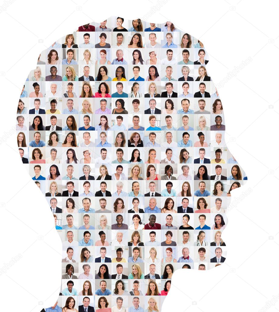 Superimposed Collage Of People On Human Face On White Background