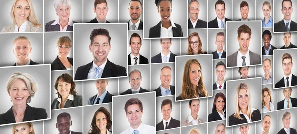 在灰色背景下微笑的不同商业人士的肖像拼贴画 — 图库照片