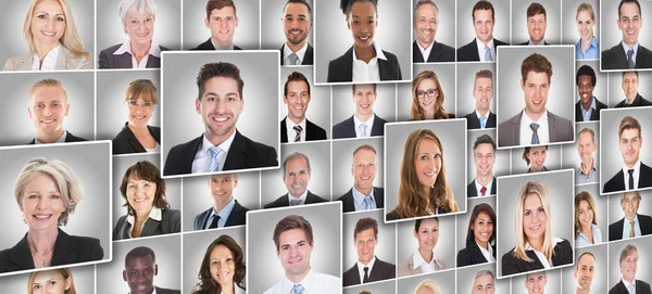 Retratos Colagem Sorrir Diversas Pessoas Negócios Fundo Cinza — Fotografia de Stock