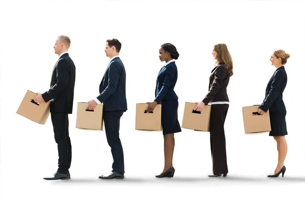 Unemployed Employees Standing Row Layoff Cardboard Boxes — Stock Photo, Image