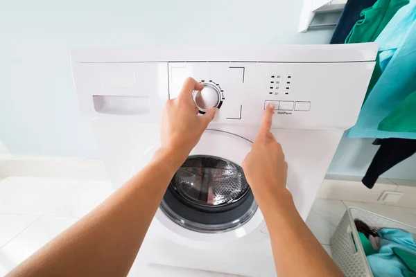 Woman Pressing Button — Stock Photo, Image