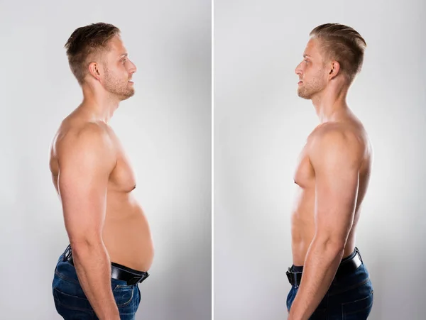 Man Weight Loss Gray Background — Stock Photo © AndreyPopov #354034584