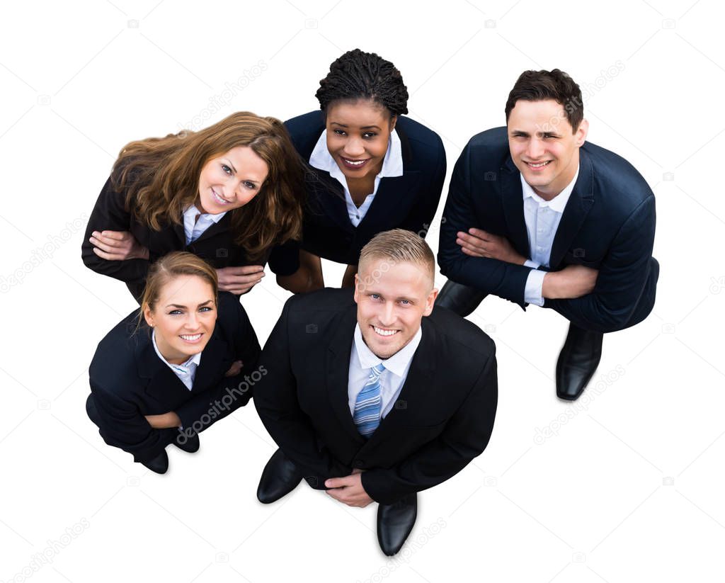 High Angle View Of A Successful Businesspeople With Different Multi Ethnicity Standing On White Background