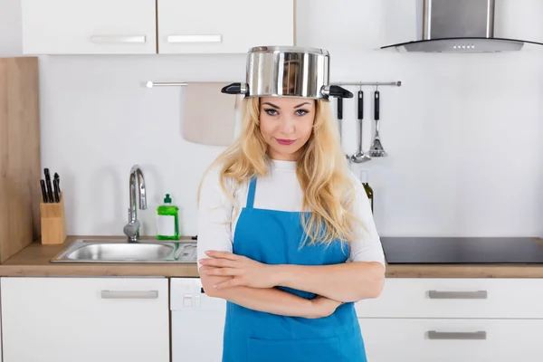 Woman With Cooking Pan On Head — Stock Photo, Image