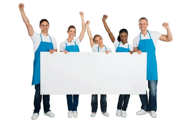 Group Janitors Cheering While Holding Blank Banner White Background — Stock Photo, Image