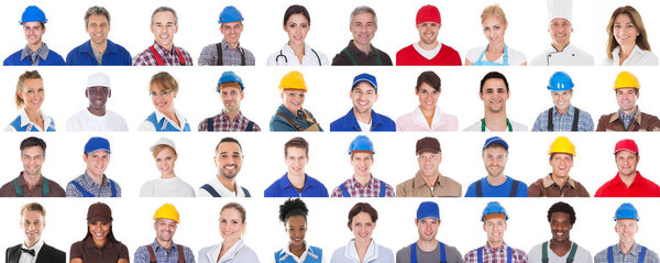 Group Of Professional Workers In A Row On White Background. Doctors, Nurses and Engineers