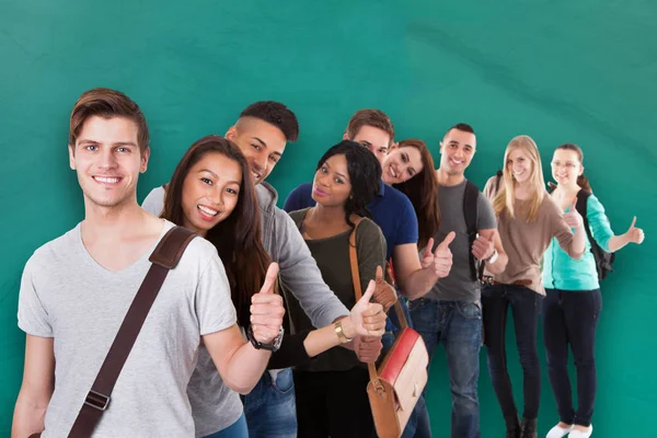 Группа Студентов Многонациональных Колледжей Стоящих Ряд Фоне Зеленых Показывает Большие — стоковое фото