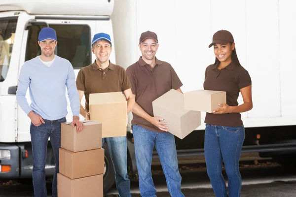 Group Delivery Furniture Movers People Standing Boxes Van — Stock Photo, Image