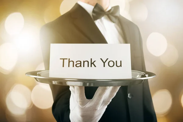 Waiter Holding Thank You Card — Stock Photo, Image