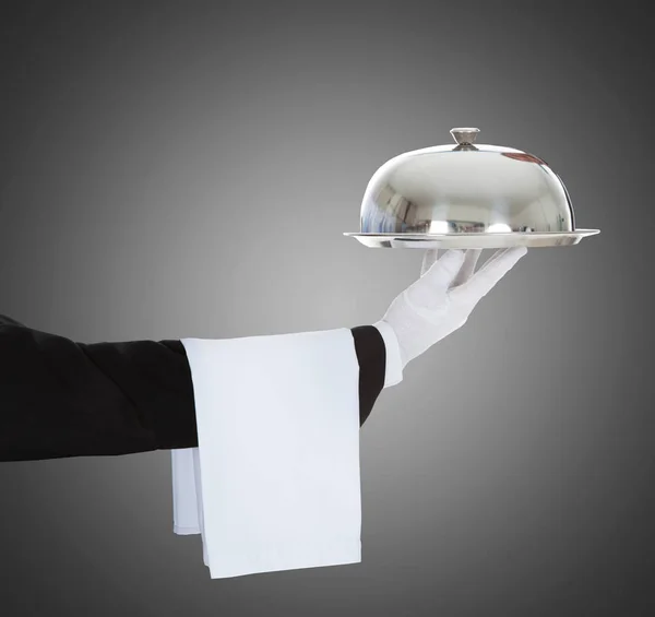 Waiter Holding Cloche And Tray — Stock Photo, Image