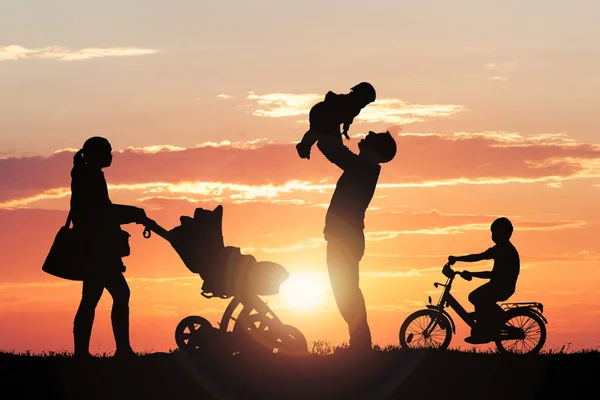 Aile siluet günbatımında zevk — Stok fotoğraf