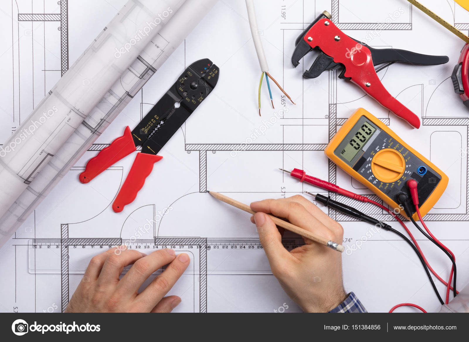 Architect Drawing Plan On Blueprint — Stock Photo © AndreyPopov 151384856