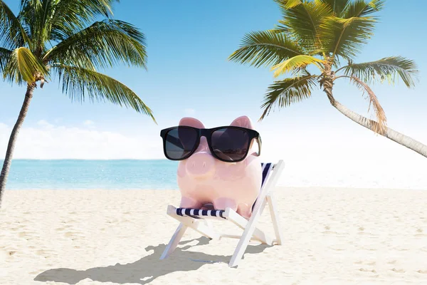 Piggybank con gafas de sol en silla — Foto de Stock