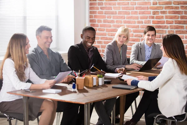 Group Cheerful Businesspeople Working Communicating Office Desk — Stock Photo, Image