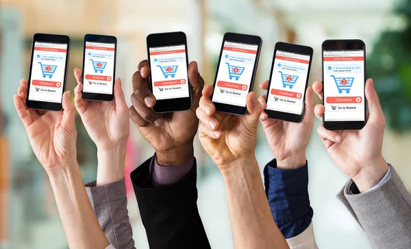 Close Hands Showing Online Shopping Application Mobile Screens — Stock Photo, Image