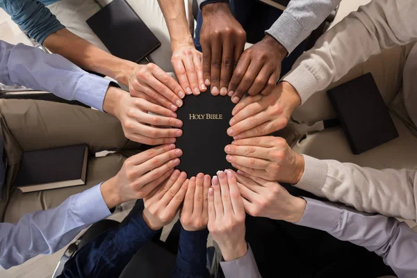 Overhead View Hands Holding Holy Bible — Stock Photo, Image