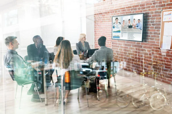 Group Businesspeople Having Video Conference Boardroom — Stock Photo, Image