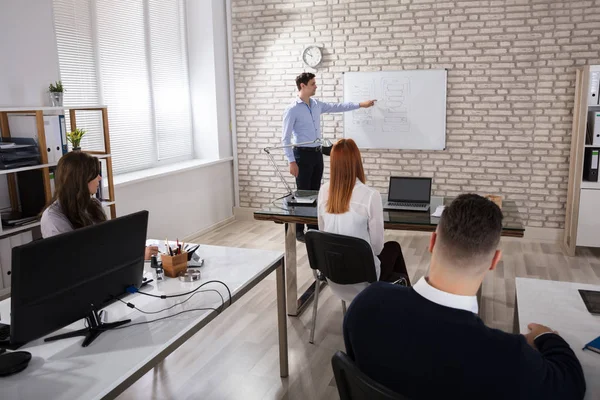 Homme Manger Donnant Présentation Ses Collègues Dans Bureau Moderne — Photo