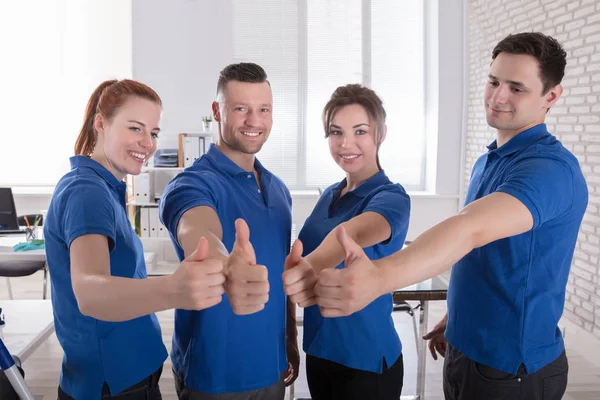 Janitors Feliz Mostrando Polegar Para Cima Assinar Escritório — Fotografia de Stock