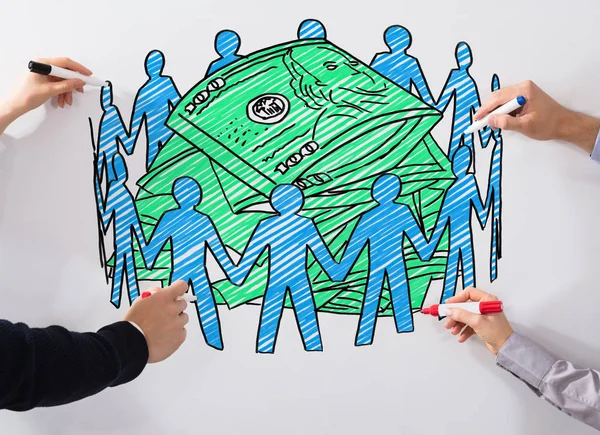 Close-up Of Business People\'s Hands Drawing Crowd Funding Chart With Marker On Whiteboard